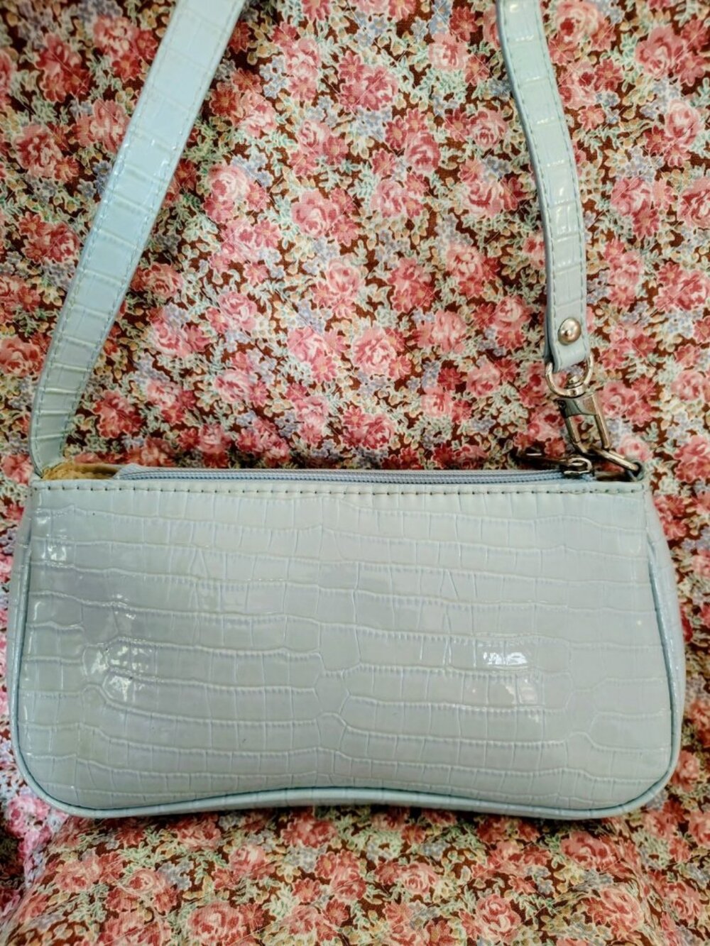 Light Blue Crocodile Faux Leather Small Baguette Handbag